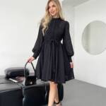 Коктейльна Сукня Бавовняна Ажурна з Вишивкою та Поясом 25018 Чорна