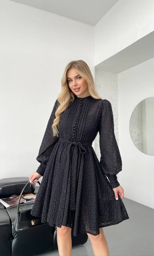 Коктейльна Сукня Бавовняна Ажурна з Вишивкою та Поясом 25018 Чорна