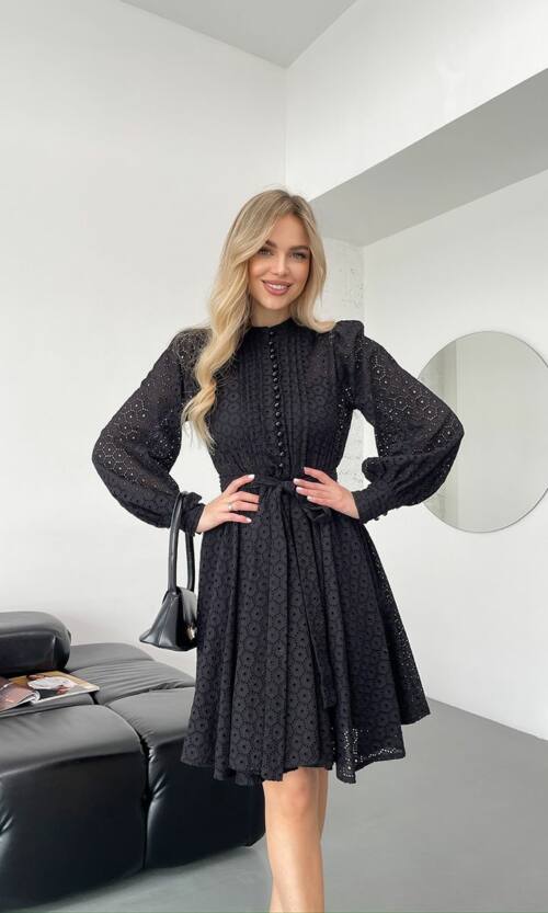 Коктейльна Сукня Бавовняна Ажурна з Вишивкою та Поясом 25018 Чорна