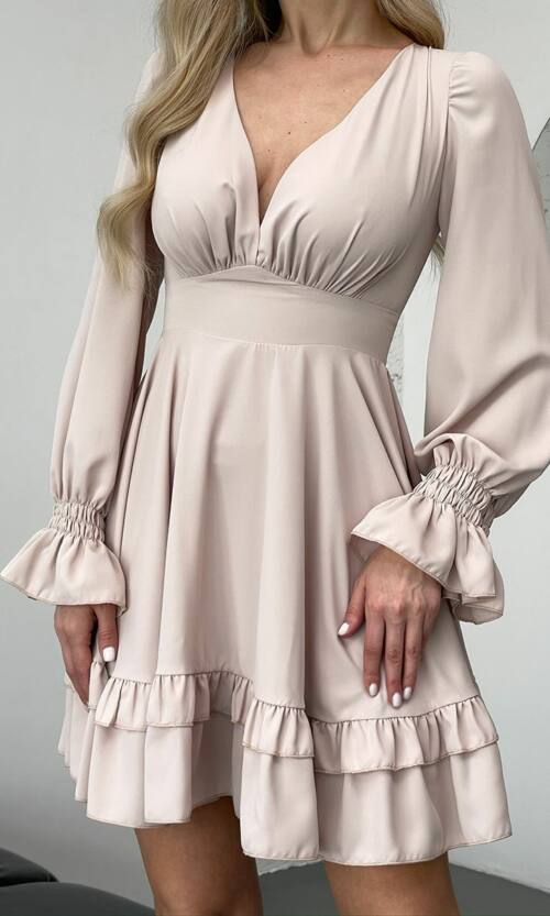 Коктейльна Сукня Міні з Рюшами 25020 Бежева