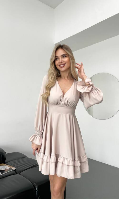 Коктейльна Сукня Міні з Рюшами 25020 Бежева