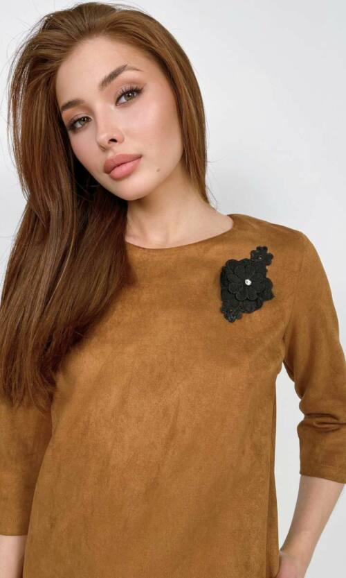 Повсякденне плаття замша гіпюр 7214 Коричневе