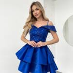 Коктейльна Сукня Атлас Паєтка Відкриті Плечі 25023 Синя