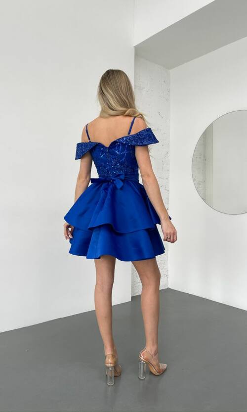 Коктейльное Платье Атлас Паетка Открытые Плечи 25023 Синяя
