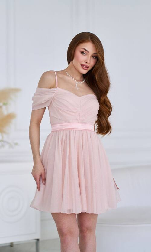 Коктейльное Платье Шифон Блеск Мини 25029 Персиковое