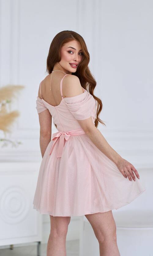 Коктейльное Платье Шифон Блеск Мини 25029 Персиковое