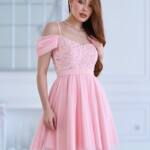 Коктейльна Сукня Паєтка Відкриті Плечі 25031 Рожева