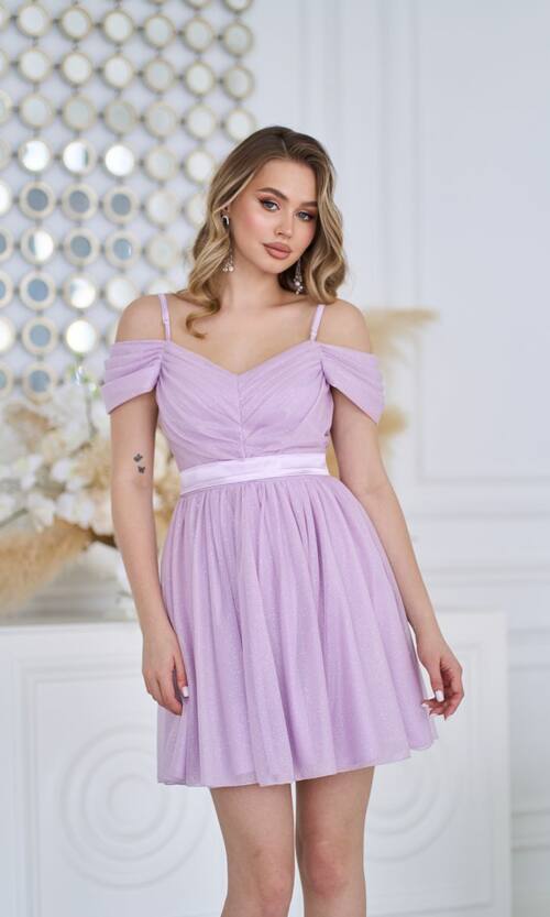 Коктейльна Сукня Шифон Блиск Міні 25029 Лавандова