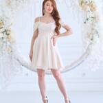 Коктейльна Сукня Паєтка Відкриті Плечі 25031 Бежева