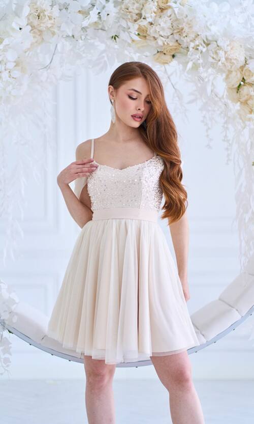 Коктейльна Сукня Паєтка Відкриті Плечі 25031 Бежева