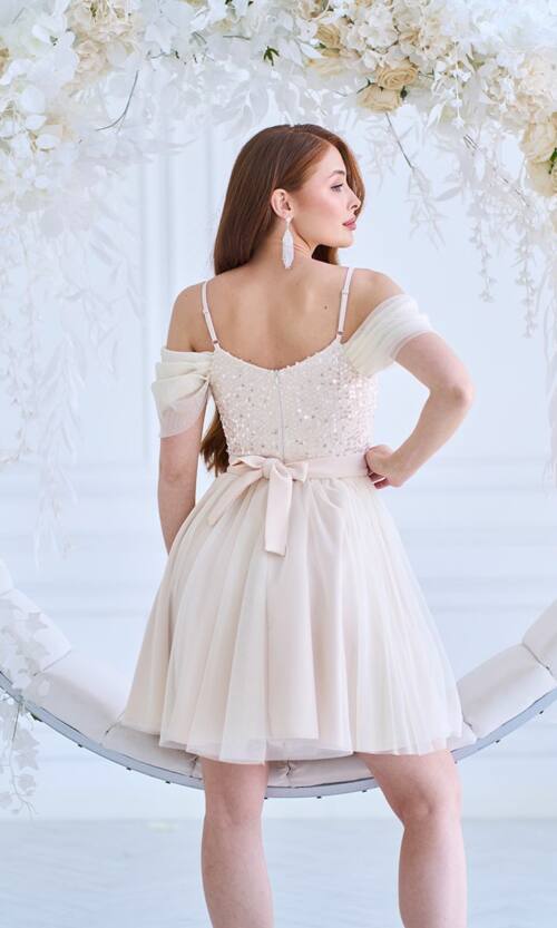 Коктейльна Сукня Паєтка Відкриті Плечі 25031 Бежева