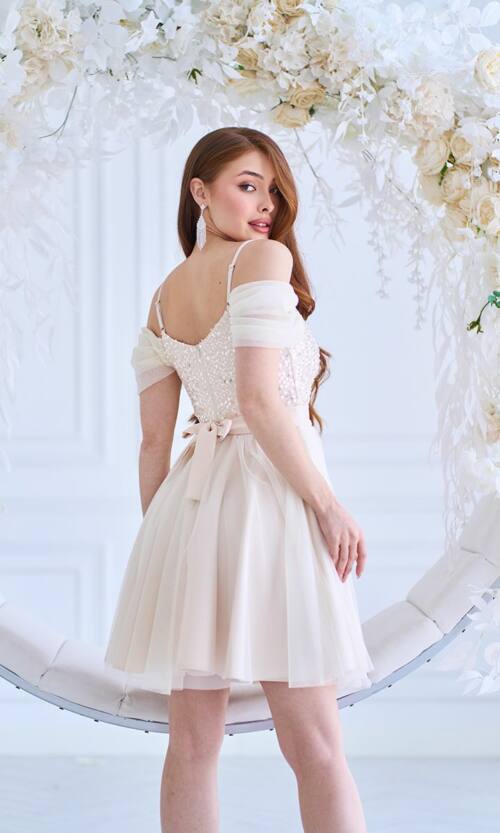 Коктейльна Сукня Паєтка Відкриті Плечі 25031 Бежева