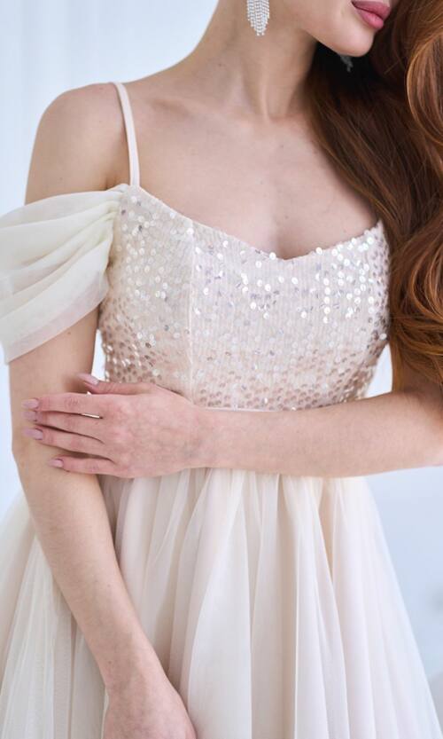 Коктейльна Сукня Паєтка Відкриті Плечі 25031 Бежева