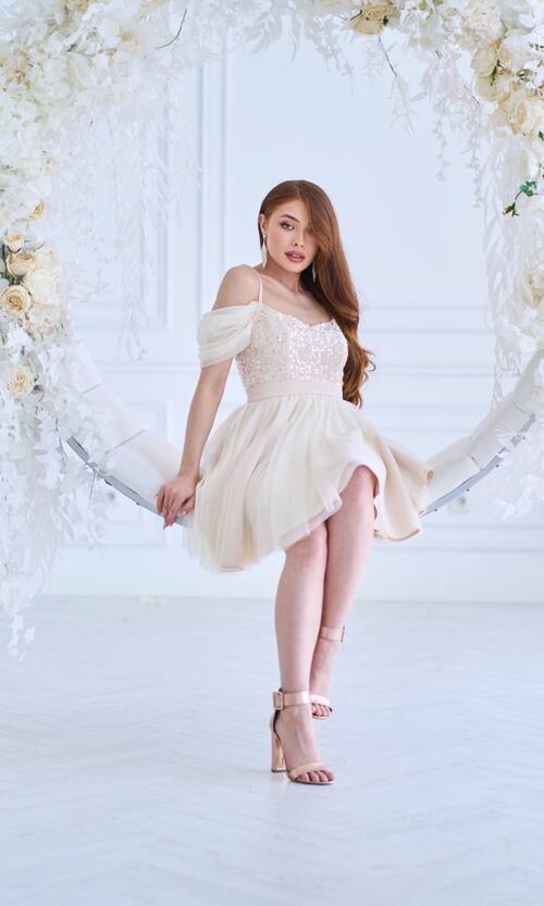 Коктейльна Сукня Паєтка Відкриті Плечі 25031 Бежева