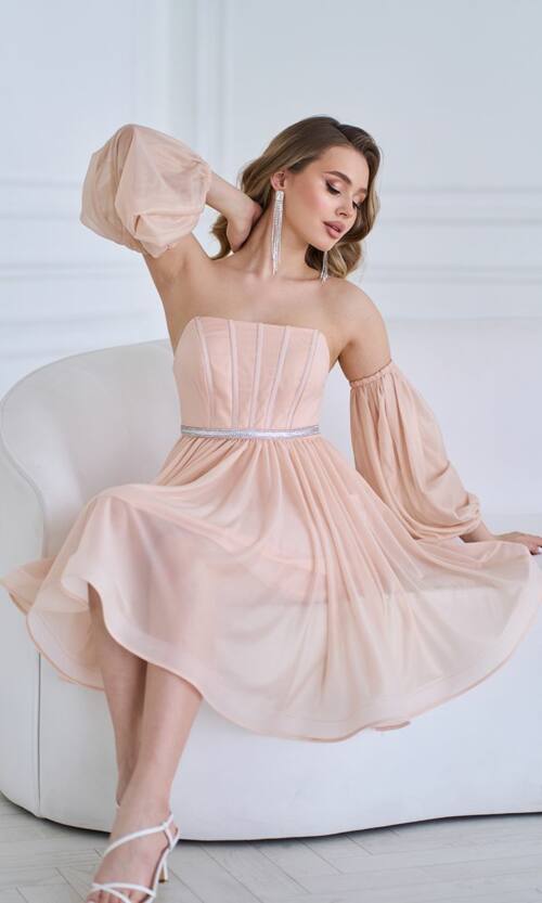Коктейльна Сукня Перламутровий Шифон 24003 Персикова