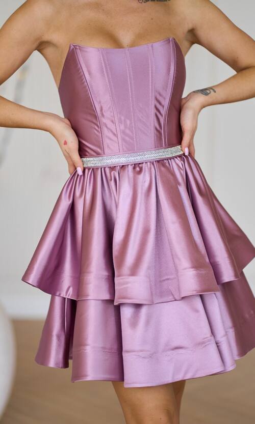 Коктейльна Сукня Корсет Подвійна Спідниця 25012 Фрезова