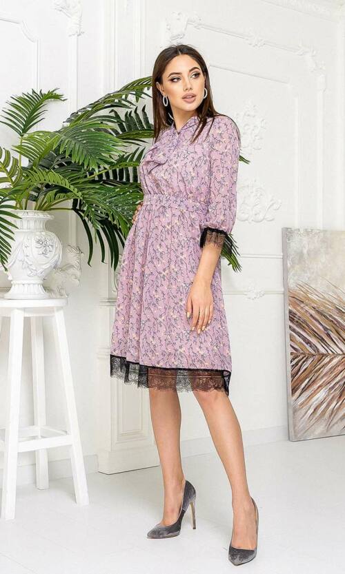 Літня Сукня Шифон Мереживо 21025 Рожева
