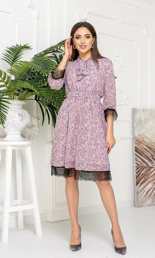 Літня Сукня Шифон Мереживо 21025 Рожева