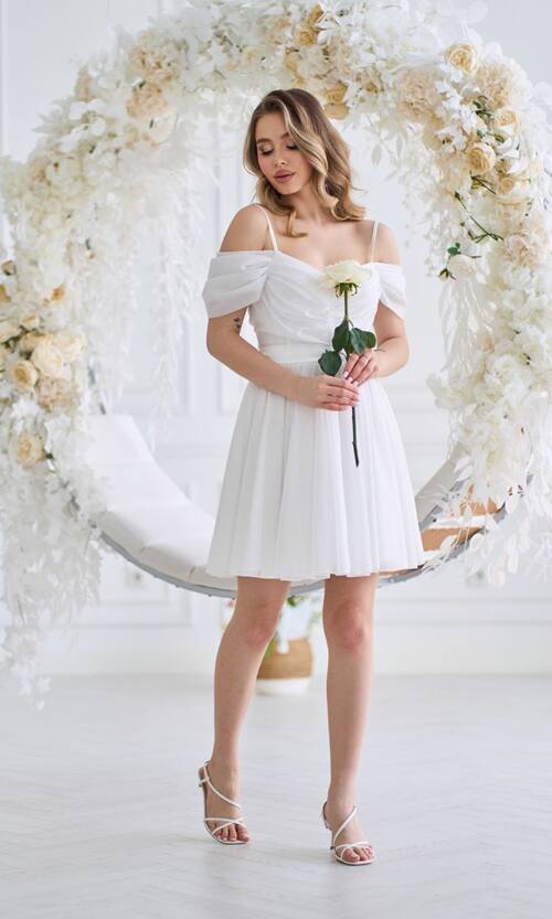 Коктейльное Платье Шифон Блеск Мини 25029 Молочное