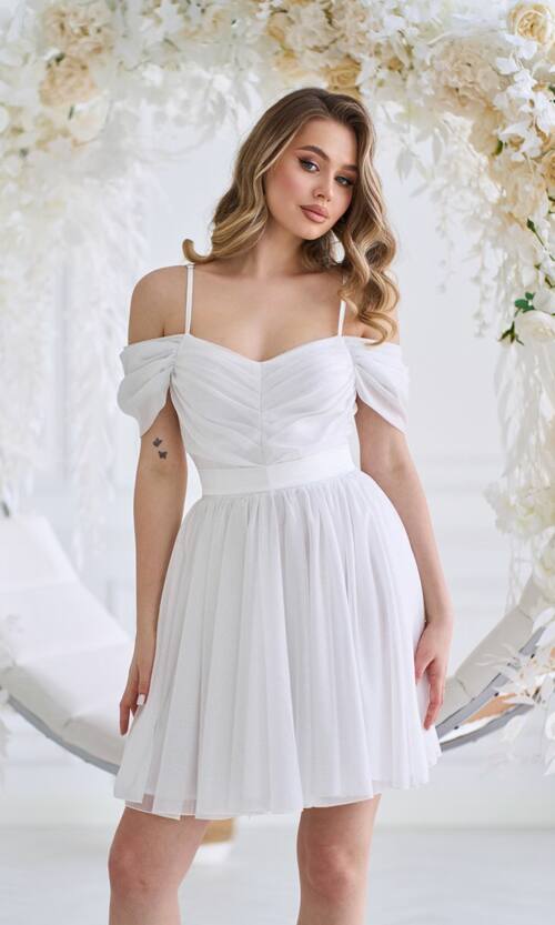 Коктейльное Платье Шифон Блеск Мини 25029 Молочное