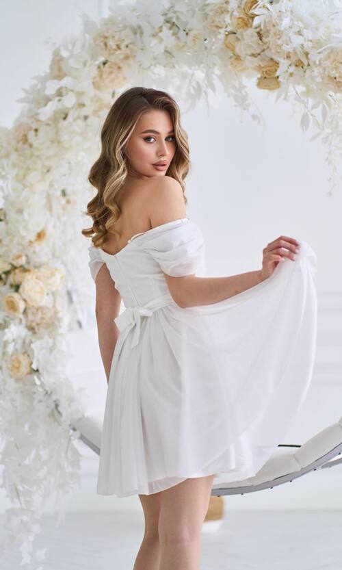 Коктейльное Платье Шифон Блеск Мини 25029 Молочное