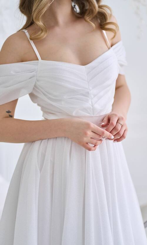 Коктейльное Платье Шифон Блеск Мини 25029 Молочное