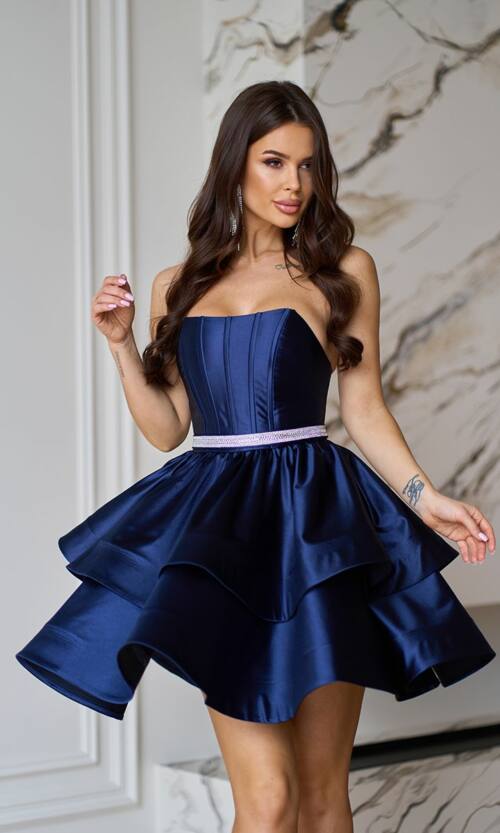 Коктейльна Сукня Корсет Подвійна Спідниця 25012 Синя