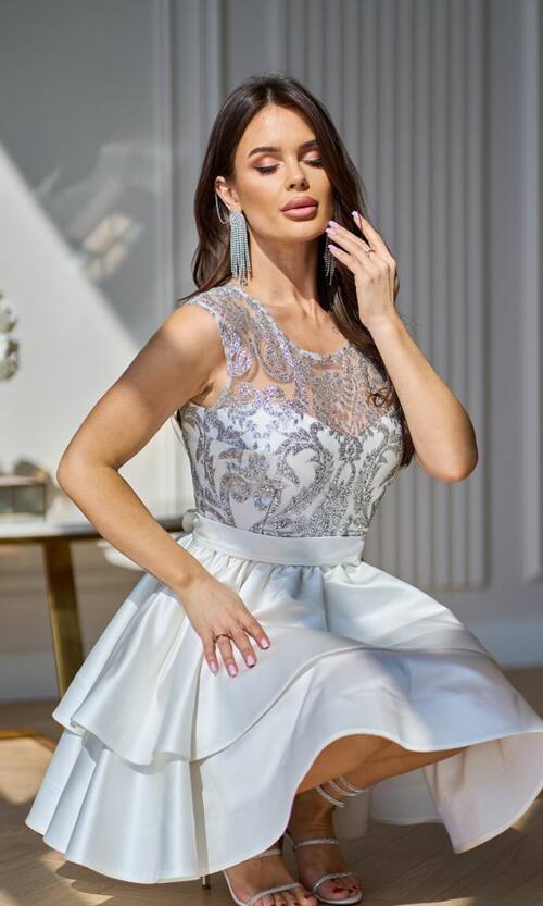 Коктейльна Сукня Міні Гліттер Два Волана 25019 Молочна