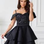 Коктейльна Сукня Атлас Паєтка Відкриті Плечі 25023 Чорна