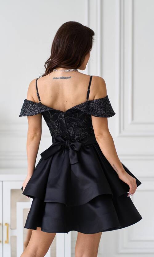 Коктейльна Сукня Атлас Паєтка Відкриті Плечі 25023 Чорна