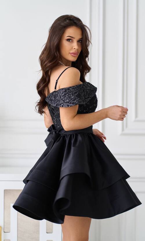 Коктейльна Сукня Атлас Паєтка Відкриті Плечі 25023 Чорна