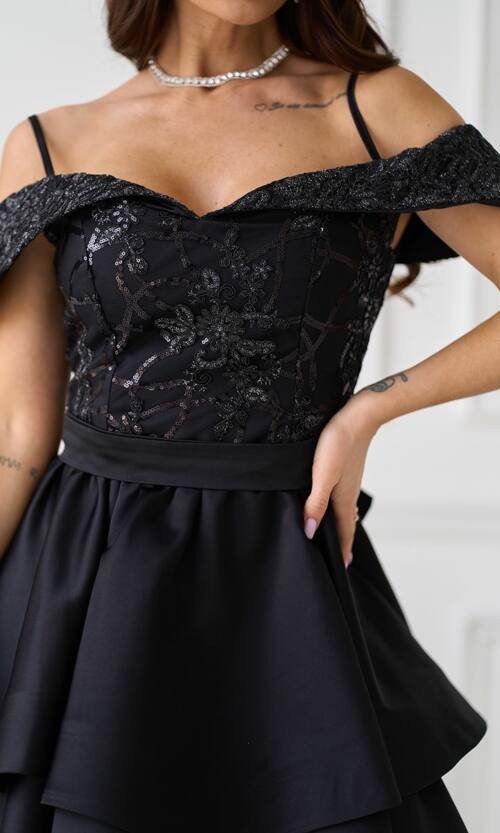 Коктейльна Сукня Атлас Паєтка Відкриті Плечі 25023 Чорна