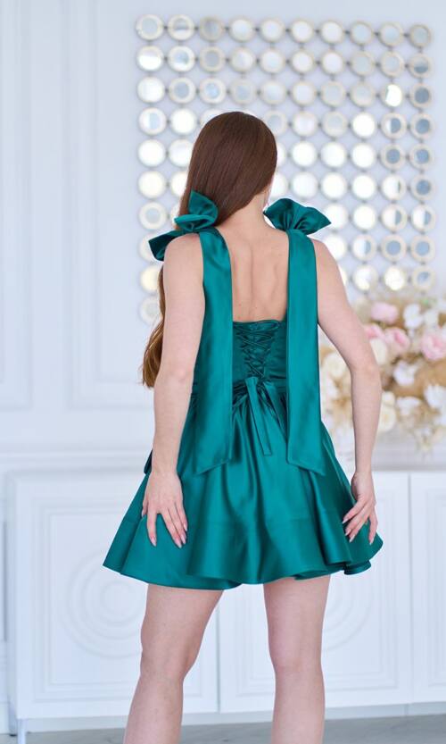Коктейльное Платье Банты Атлас 25028 Зеленое