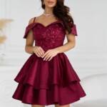 Коктейльна Сукня Атлас Паєтка Відкриті Плечі 25023 Бордова