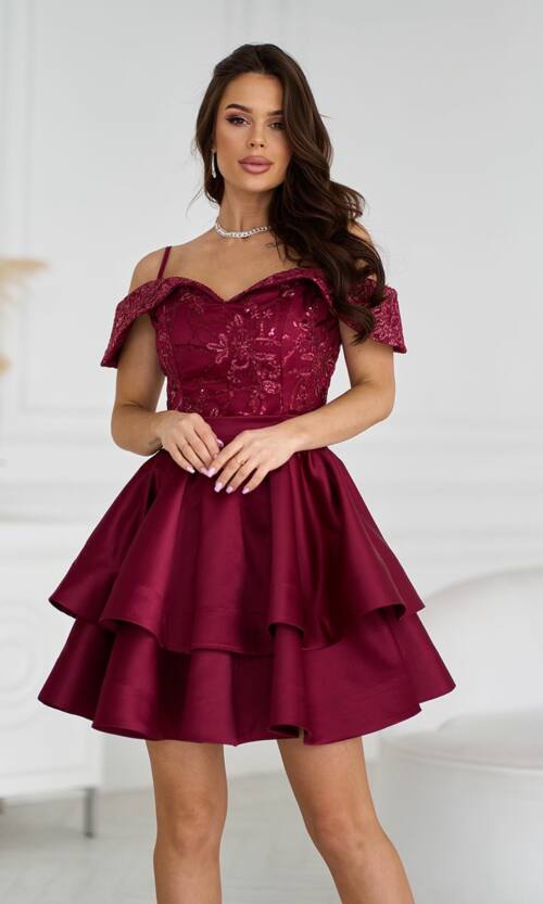 Коктейльна Сукня Атлас Паєтка Відкриті Плечі 25023 Бордова