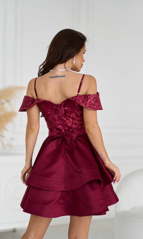 Коктейльна Сукня Атлас Паєтка Відкриті Плечі 25023 Бордова