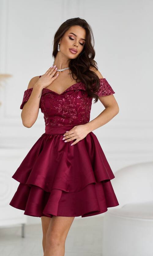 Коктейльна Сукня Атлас Паєтка Відкриті Плечі 25023 Бордова