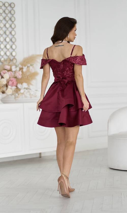 Коктейльна Сукня Атлас Паєтка Відкриті Плечі 25023 Бордова