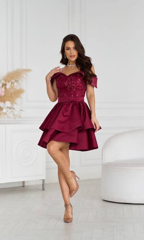 Коктейльна Сукня Атлас Паєтка Відкриті Плечі 25023 Бордова