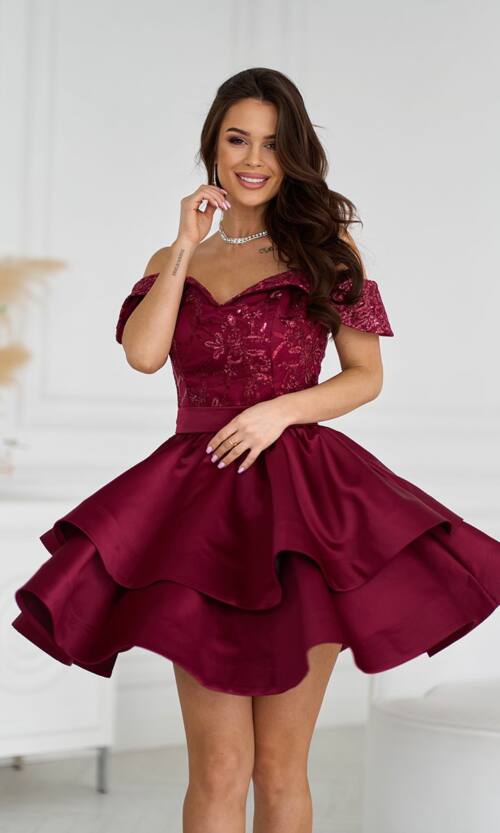 Коктейльна Сукня Атлас Паєтка Відкриті Плечі 25023 Бордова