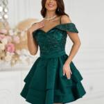 Коктейльна Сукня Атлас Паєтка Відкриті Плечі 25023 Зелена