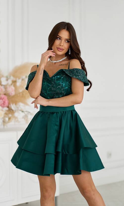 Коктейльное Платье Атлас Пайетка Открытые Плечи 25023 Зеленое