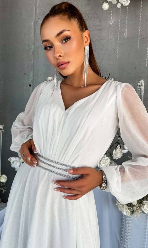 Вечірня Сукня Шифон Стрази 23058 Молочна