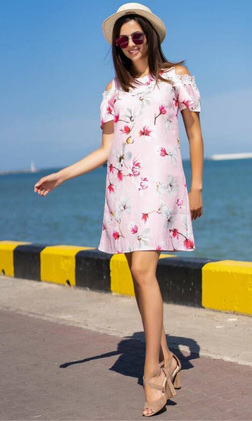 Літня сукня льон мереживо 9116 Рожева