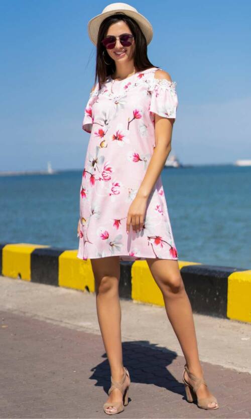 Літня сукня льон мереживо 9116 Рожева