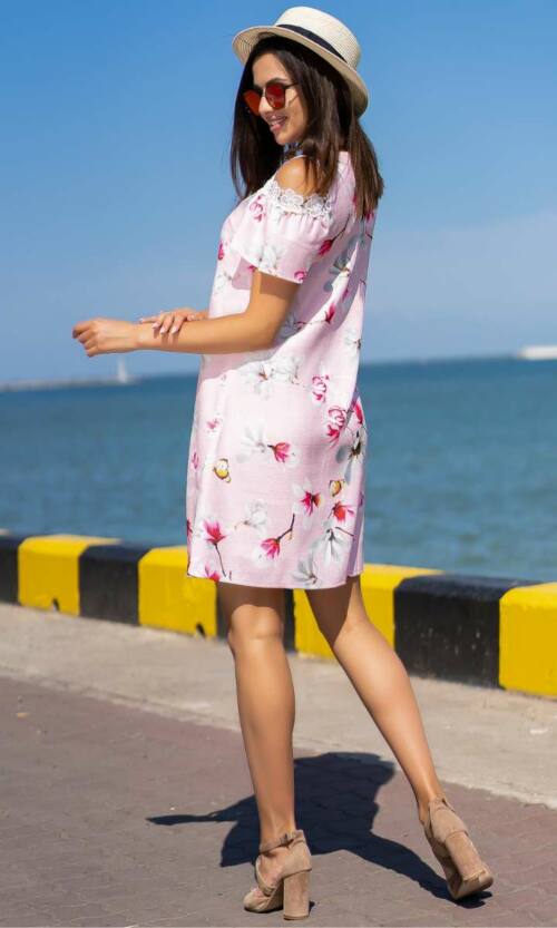 Літня сукня льон мереживо 9116 Рожева