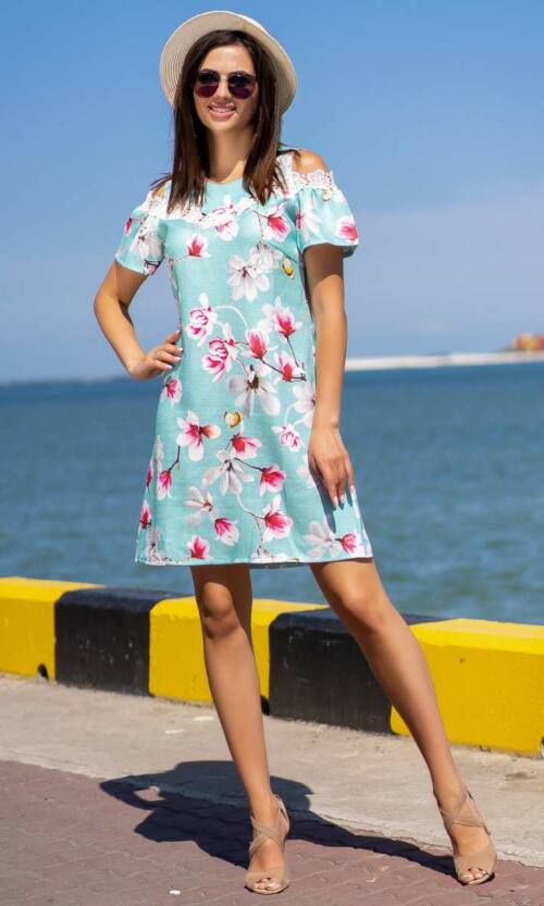 Літня сукня льон мереживо 9116 Бірюза