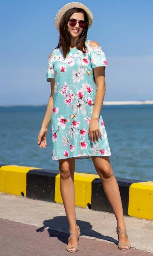 Літня сукня льон мереживо 9116 Бірюза