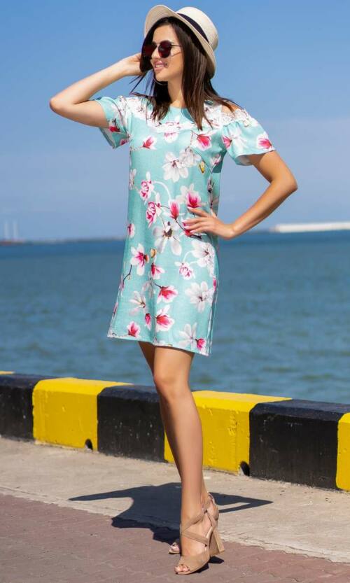 Літня сукня льон мереживо 9116 Бірюза