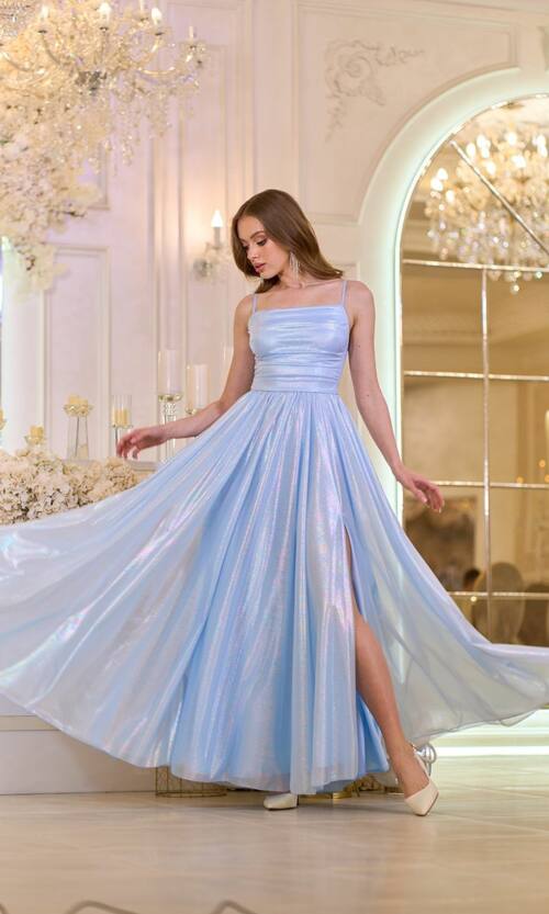 Вечірня Сукня на Тонких Бретелях із Драпіруванням 25042 Блакитна